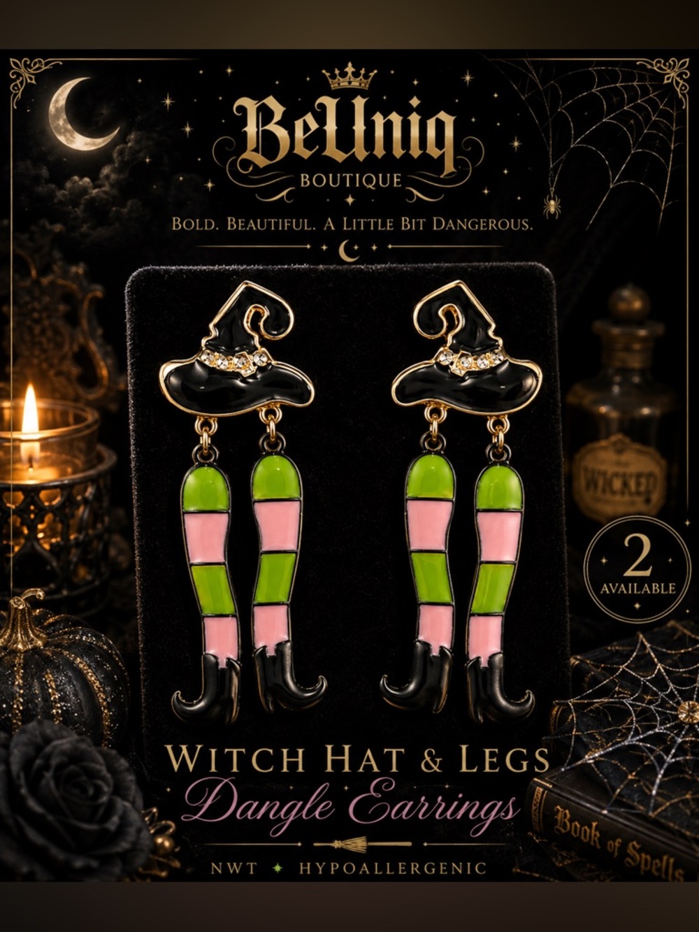 🧙♀️ NWT Witch Hat & Striped Legs Dangle Earrings | Halloween Statement Jewelry